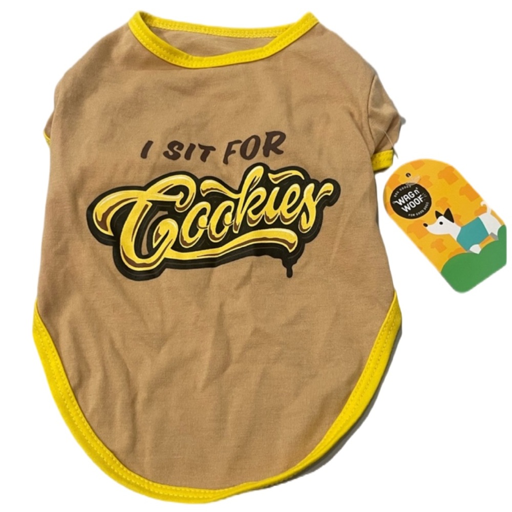Wag N Woof Size Small Dog Shirt "Will Sit for Cookies" Tan Yellow NWT